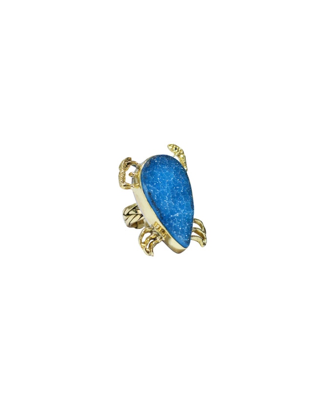 Sparkling Blue Druzy Quartz Crab Gold Brass Ring