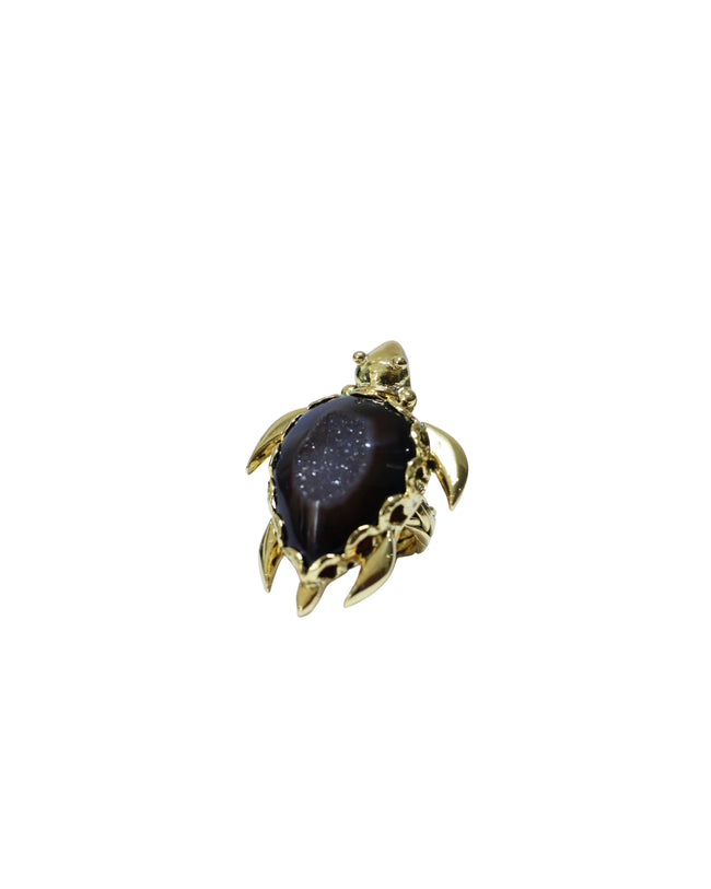 Black Agate Druzy Turtle Woven Gold Brass Ring