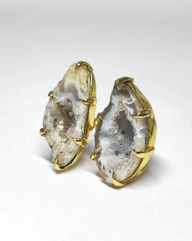 Two Natural Druzy Quartz With Gold Brass Ring