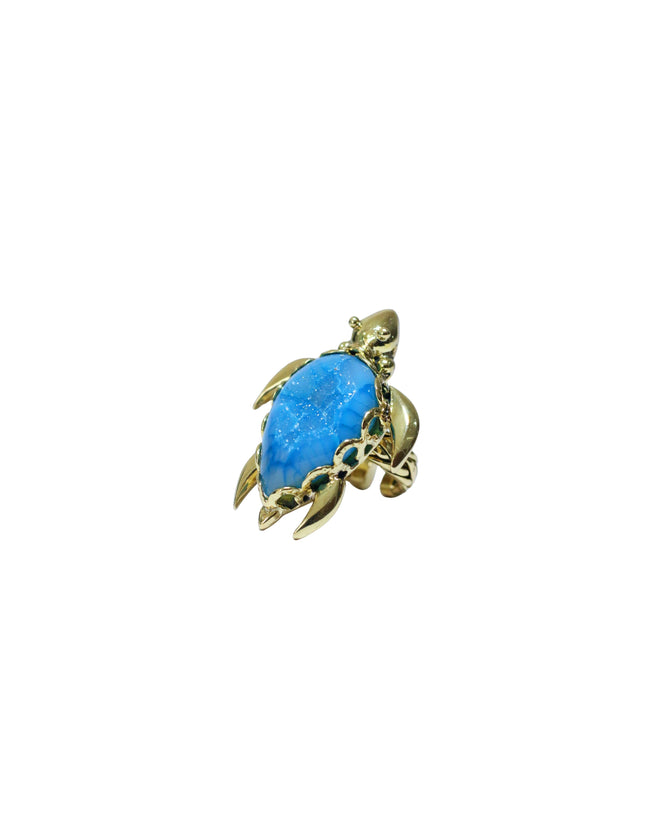 Blue Agate Druzy Turtle Gold Brass Woven Ring