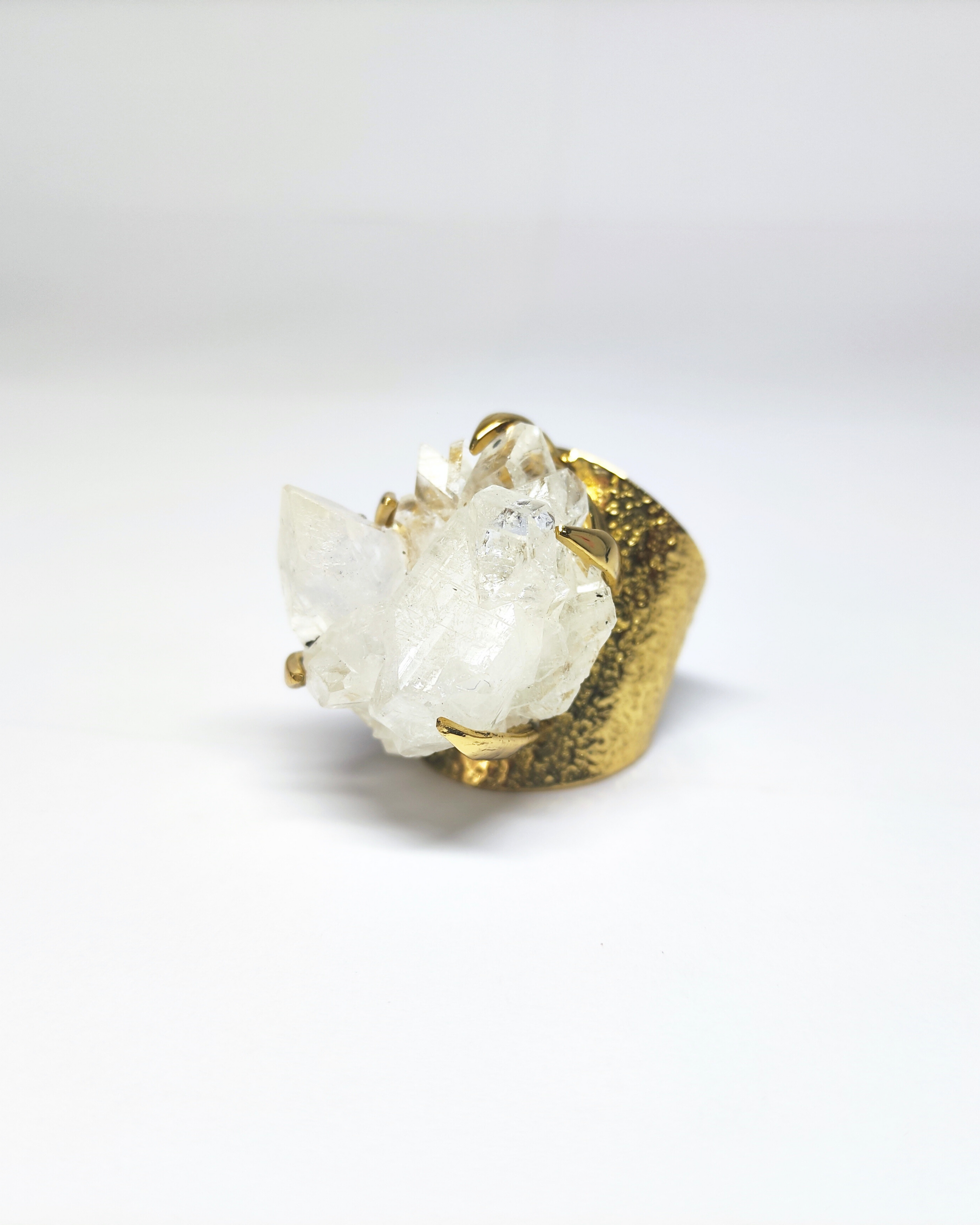 Crystal Cluster Hammered Thick Gold Brass Ring