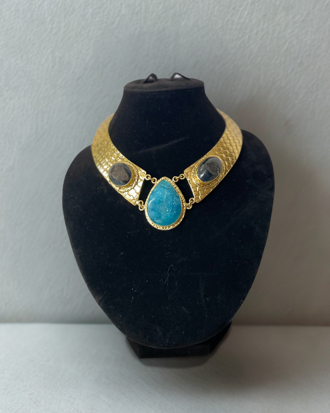 Three Gemstone Black Agate & Blue Agate Druzy Woven Thick Gold Brass Choker
