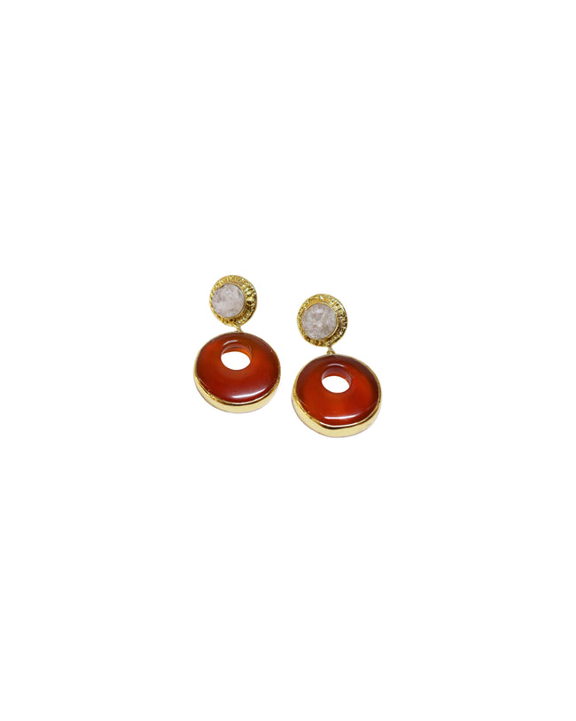 Carnelian Donut & Natural Druzy Quartz With Gold Brass Stud Earrings