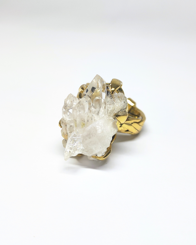 Crystal Cluster Woven Gold Brass Ring