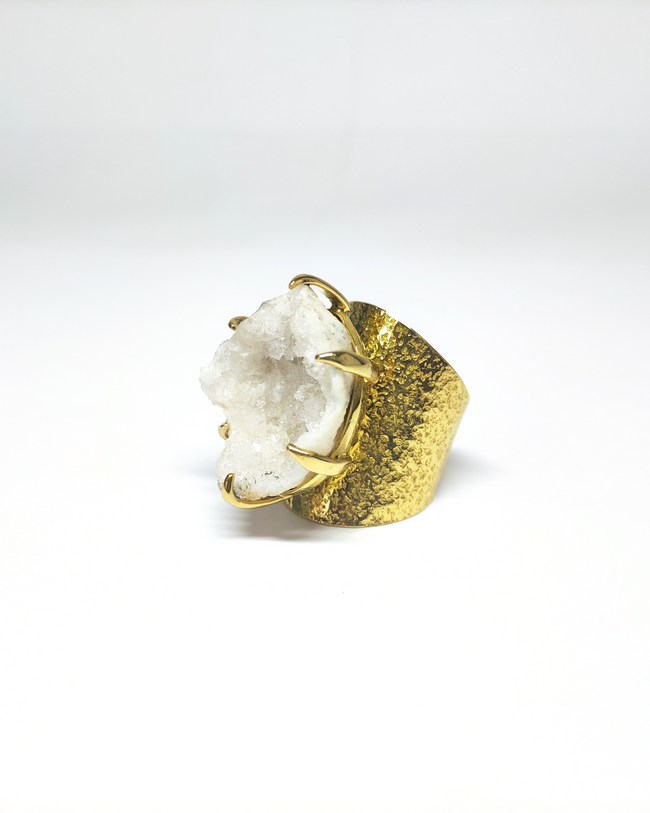 Raw Earth Druzy Quartz Hammered Thick Gold Brass Ring