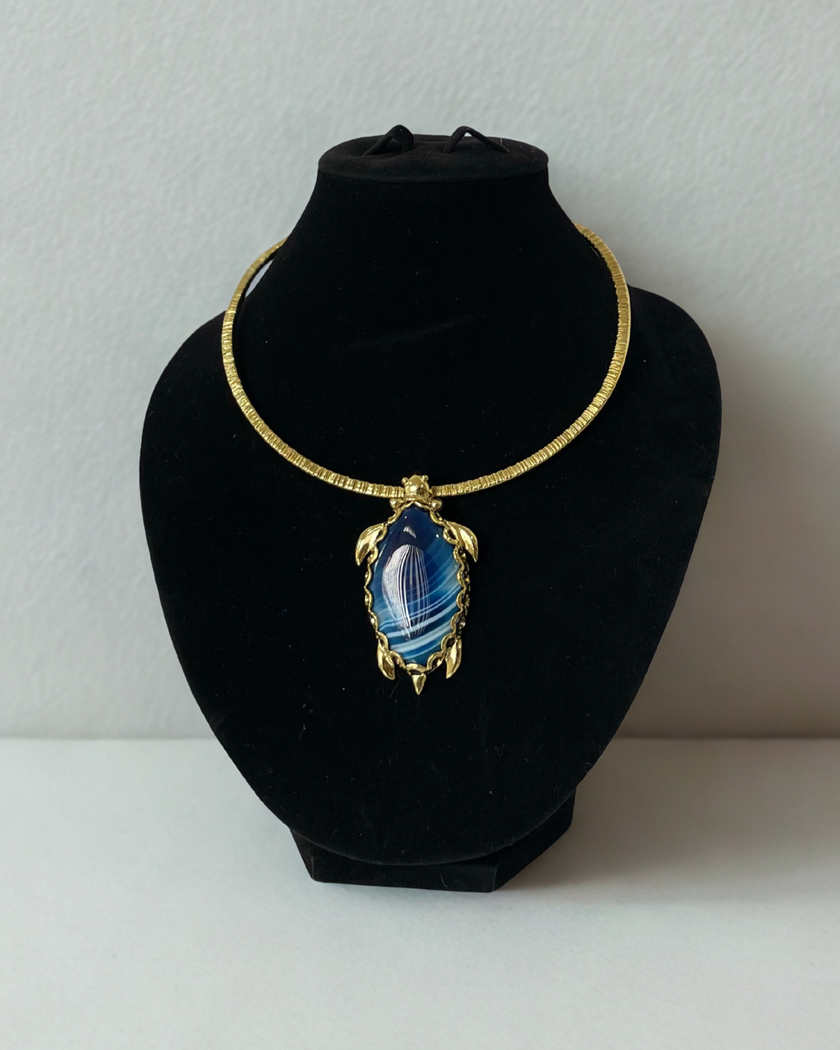Blue Lace Agate Turtle Gold Brass Necklace