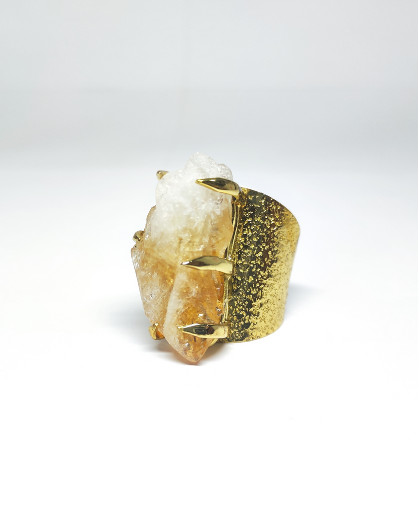 Citrine Raw Hammered Thick Gold Brass Ring