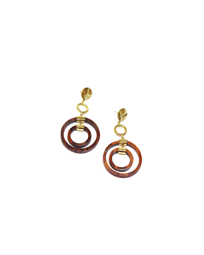 Double Circle Sacred Ebony  Wood Stud Gold Earrings