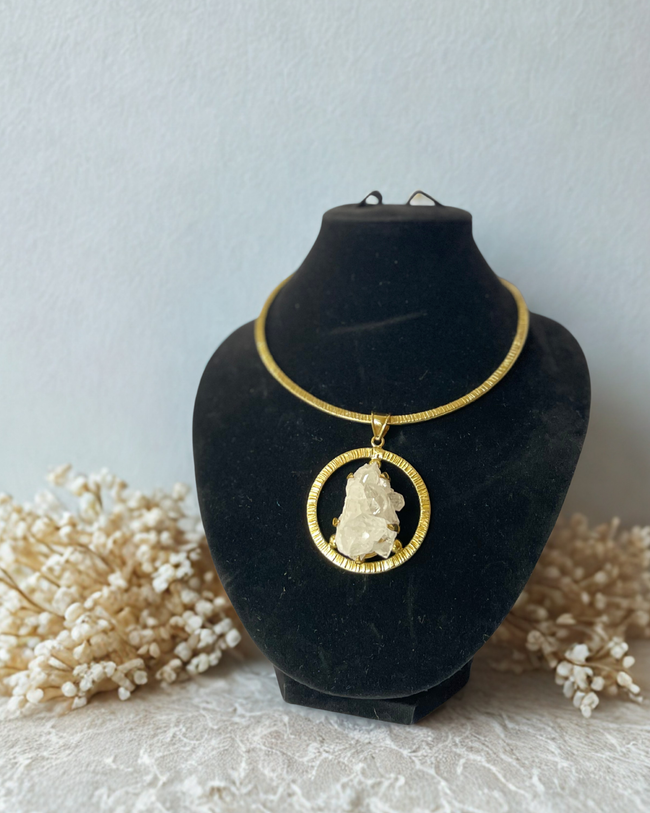 Gold Brass Circle Pendant With Crystal Cluster Quartz