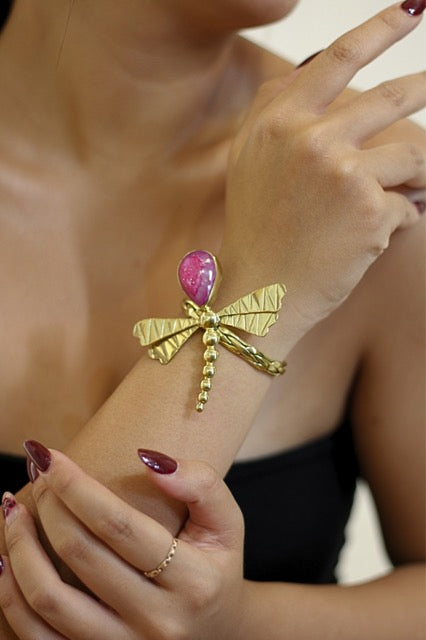 Pink Agate Druzy Dragonfly Gold Brass Woven Bangle