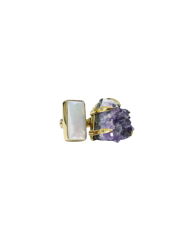 Amethyst Cluster & Mother Of Pearl Brass Woven Ring