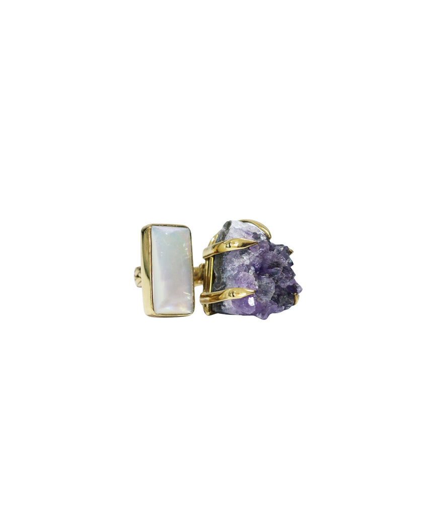 Amethyst Cluster & Mother Of Pearl Brass Woven Ring