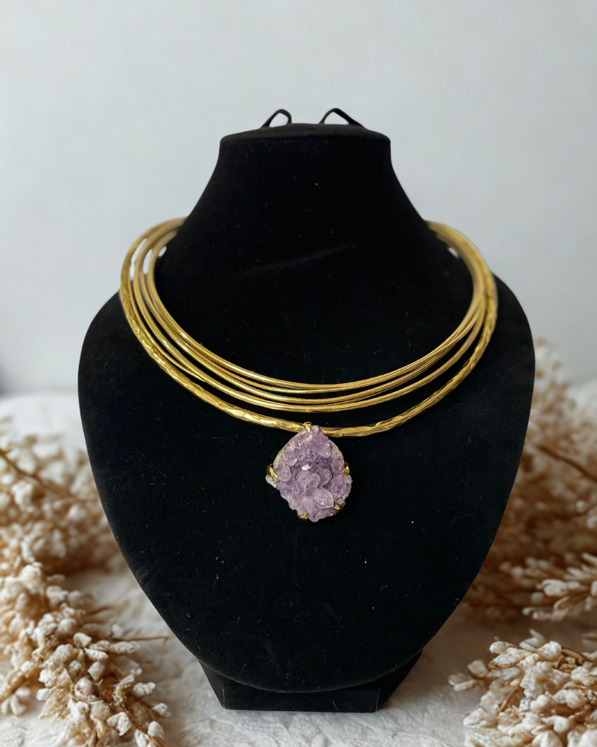 Multi Layer Choker Brass With Amethyst Raw Necklace