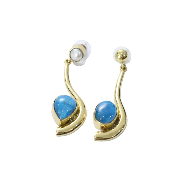 Blue Agate & Fresh Water Pearl Stud Brass Earrings