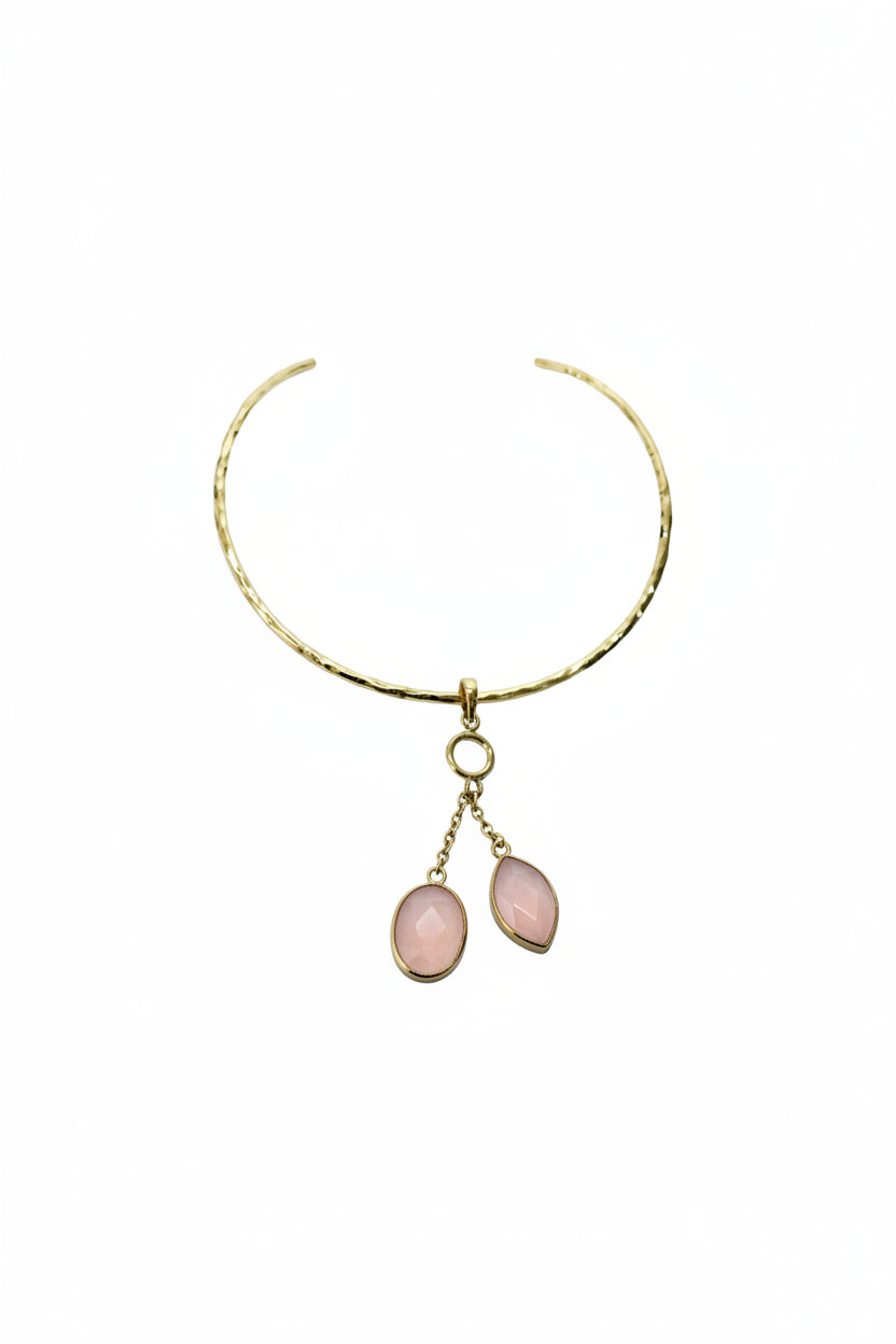 Teardrop 2 Rose Quartz With Brass Gold Necklace