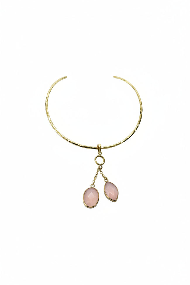 Teardrop 2 Rose Quartz With Brass Gold Necklace
