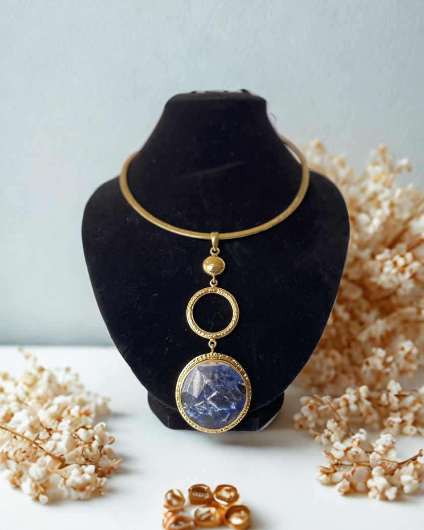 Sodalite With Circle Hammered Brass Necklace