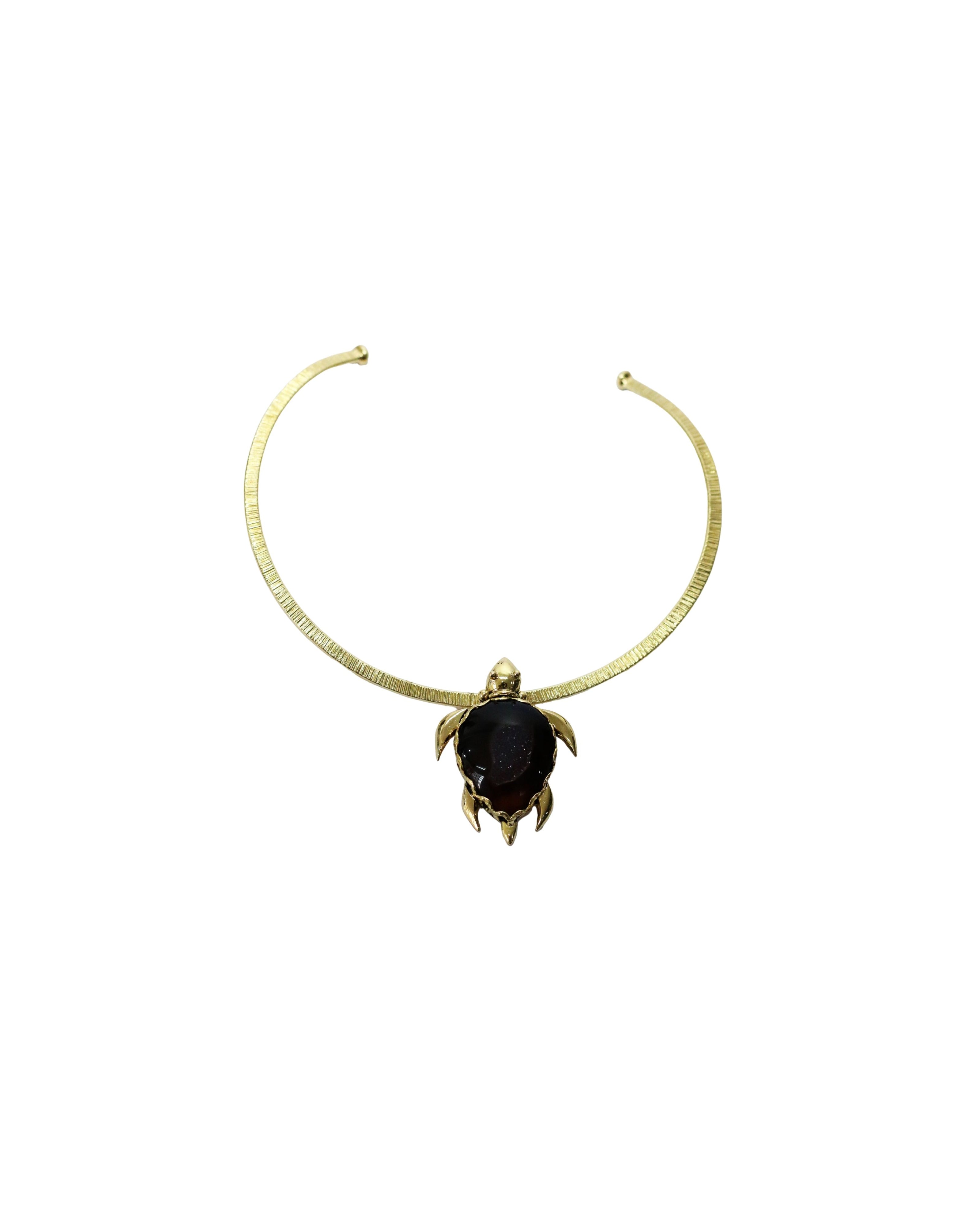 Black Agate Druzy Turtle Gold Brass Necklace