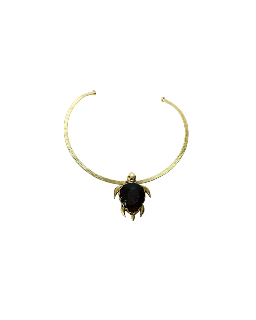 Black Agate Druzy Turtle Gold Brass Necklace