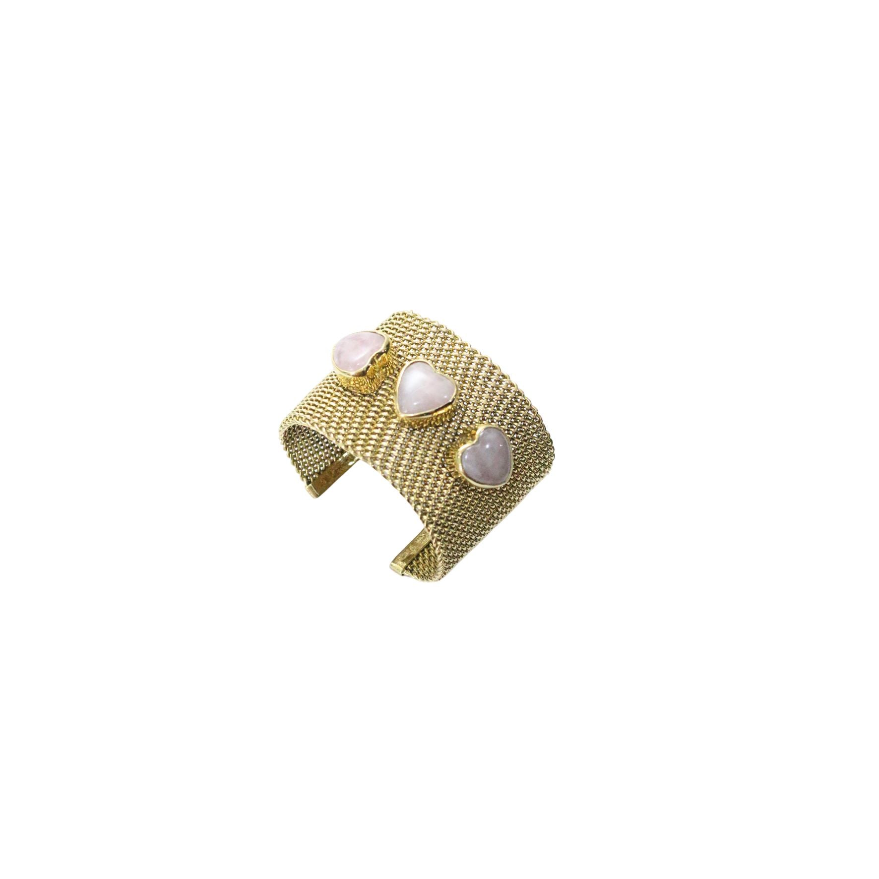 Three Hearts Rose Quartz With Gold Brass Bangle