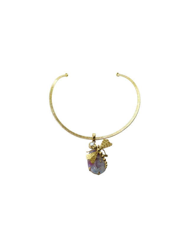 Dragonfly Fresh Water Pearl & Rainbow Agate Druzy With Gold Brass Necklace