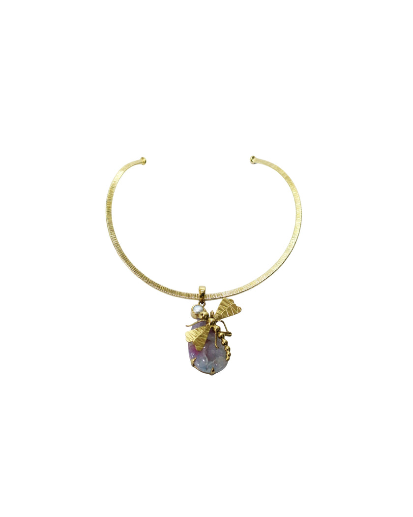 Dragonfly Fresh Water Pearl & Rainbow Agate Druzy With Gold Brass Necklace