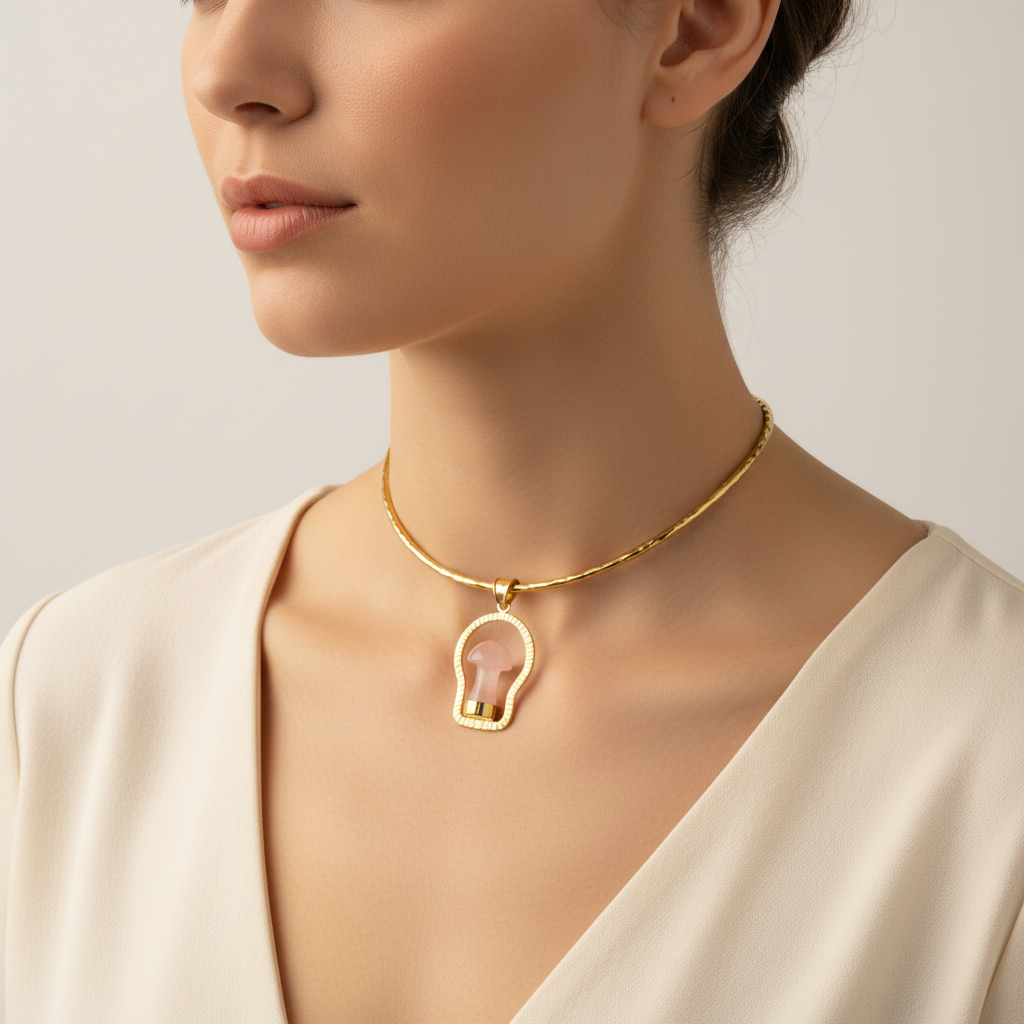 Mushroom Cage Hammered with Gold Brass Necklace