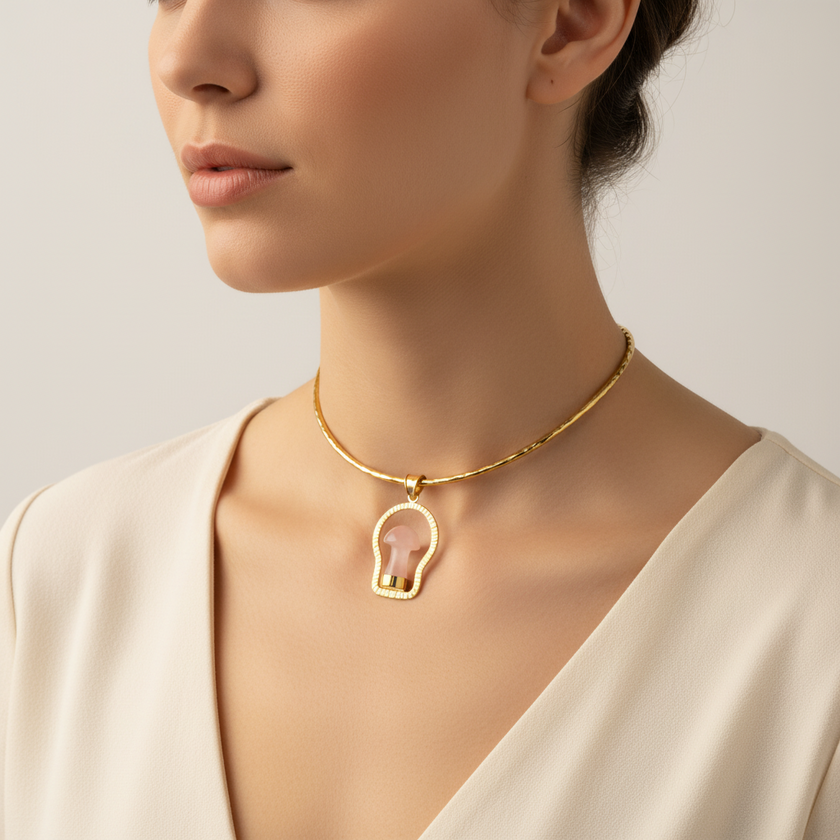 Mushroom Cage Hammered with Gold Brass Necklace