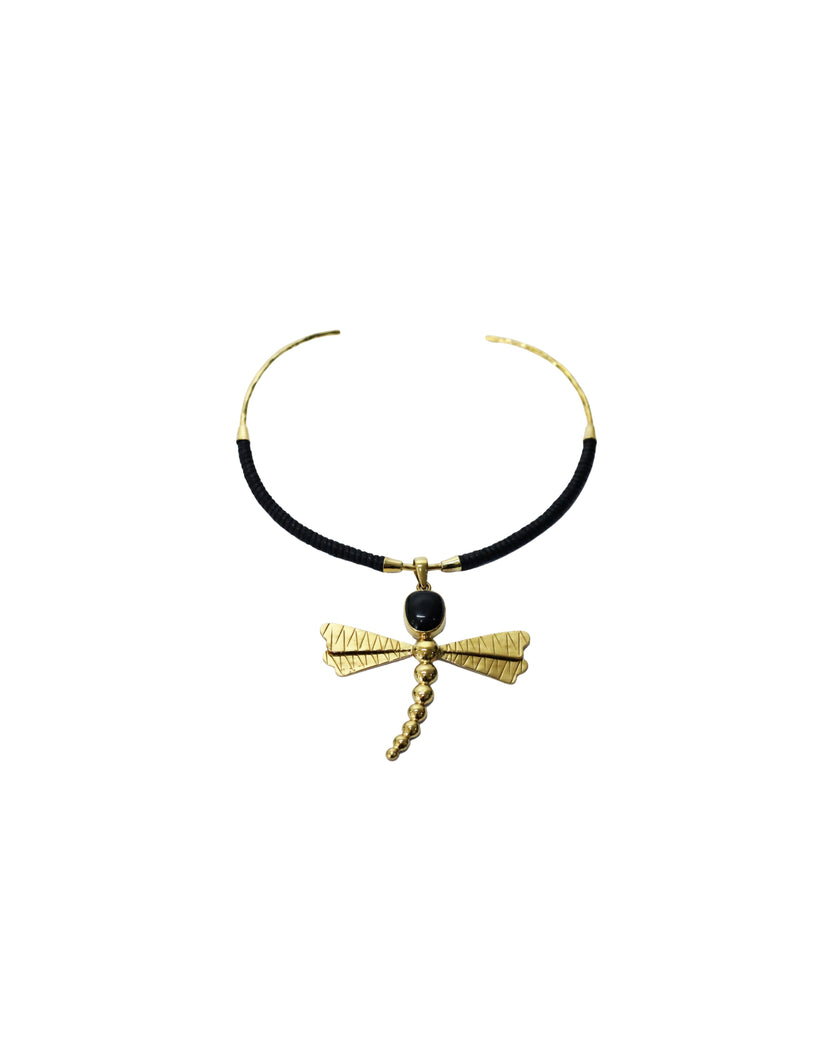 Dragonfly Black Agate With Gold Brass Necklace