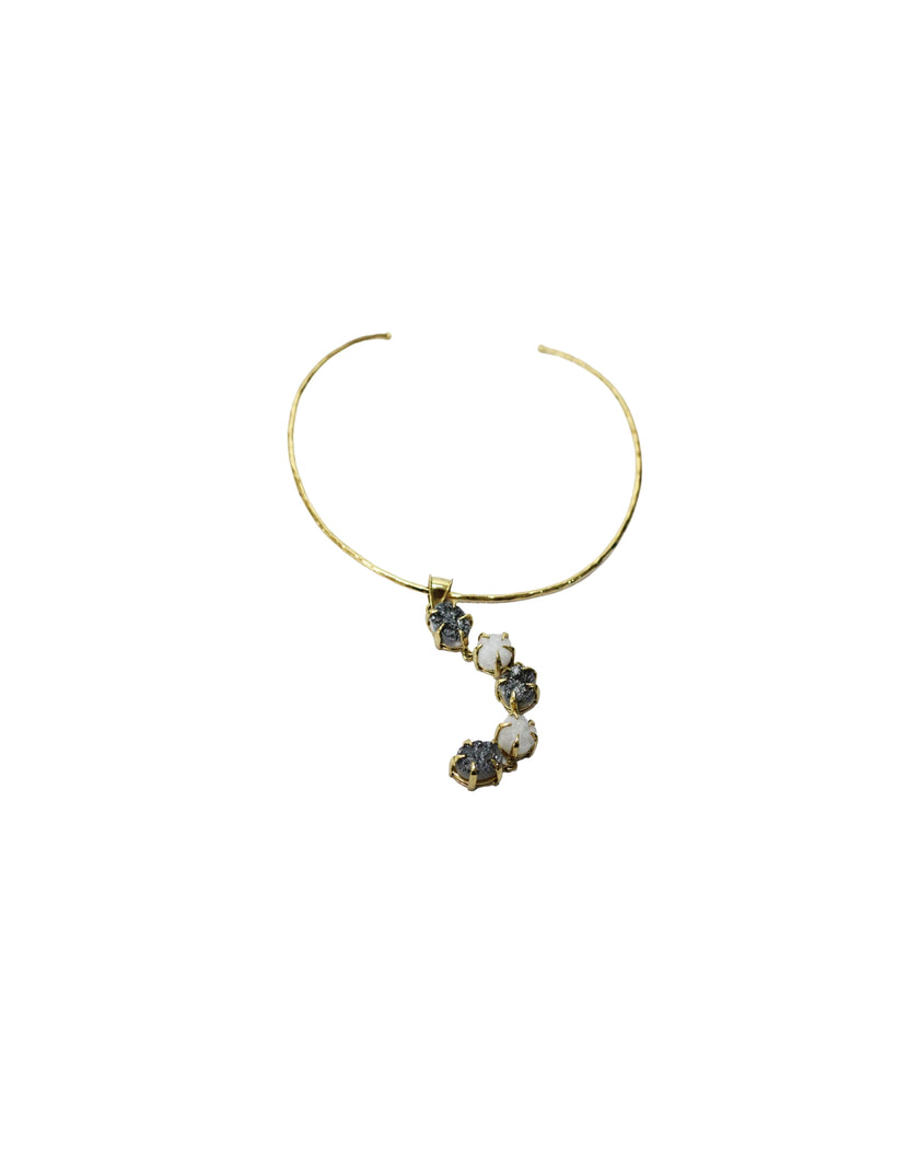 Five Stone Kundalini Titanium Druzy & Natural Druzy Quartz With Gold Brass Necklace
