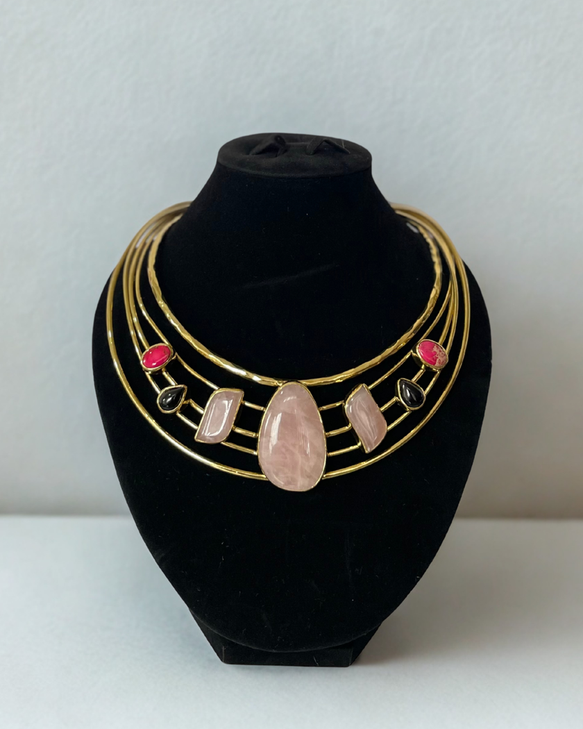 Seven Gemstone Pink Seabed Jasper, Black Onyx, Rose Quartz With MultI Layer Gold Brass Choker