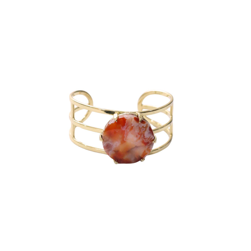 Brown Lace Agate With Gold  Brass Bangle / Cuff
