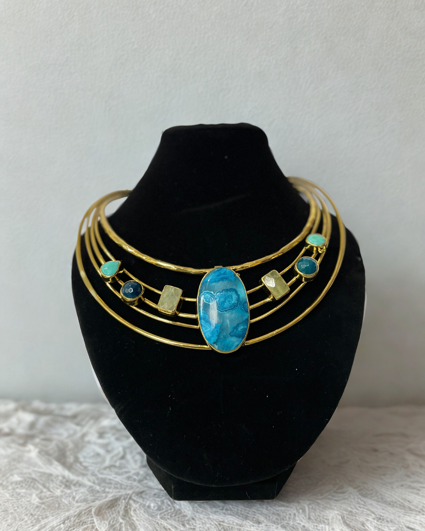 Seven Gemstone Turquoise, Blue Agate, Prehnite Multi Layer Gold Brass Choker