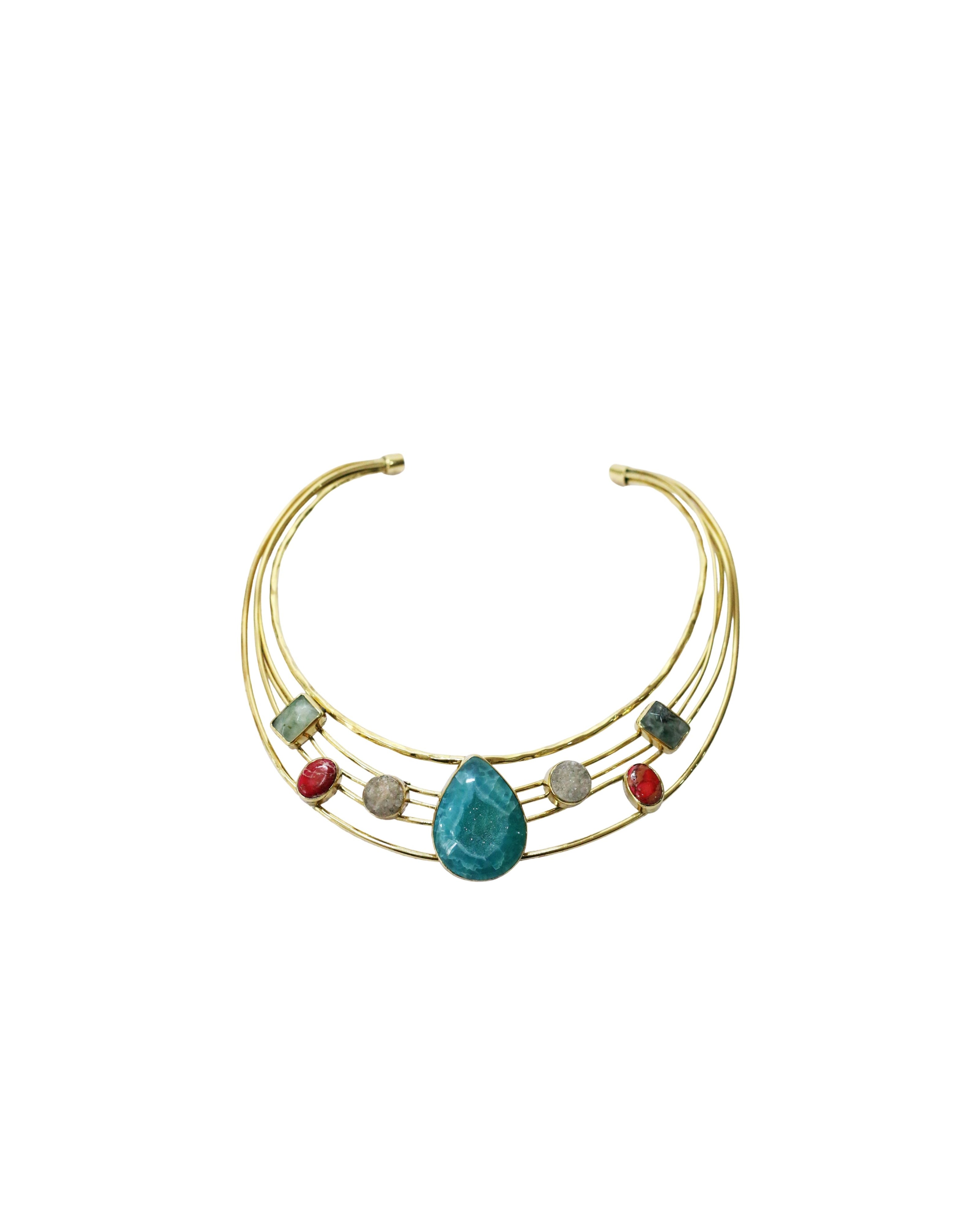 7 Gemstone Brass Choker Necklace with Prehnite, Red Jasper, Natural Druzy Quartz, And Blue Agate Druzy