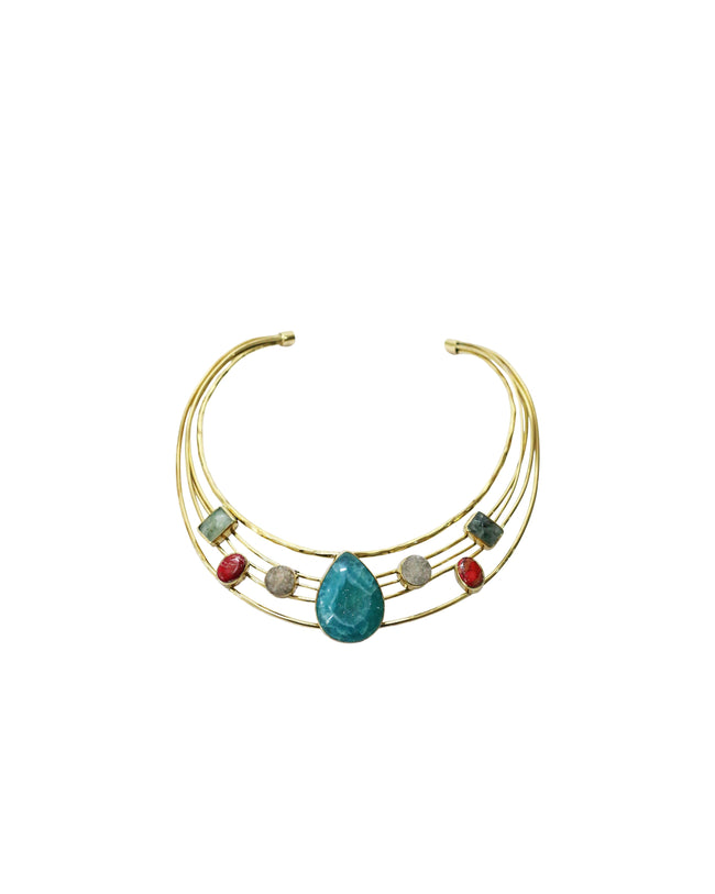 7 Gemstone Brass Choker Necklace with Prehnite, Red Jasper, Natural Druzy Quartz, And Blue Agate Druzy