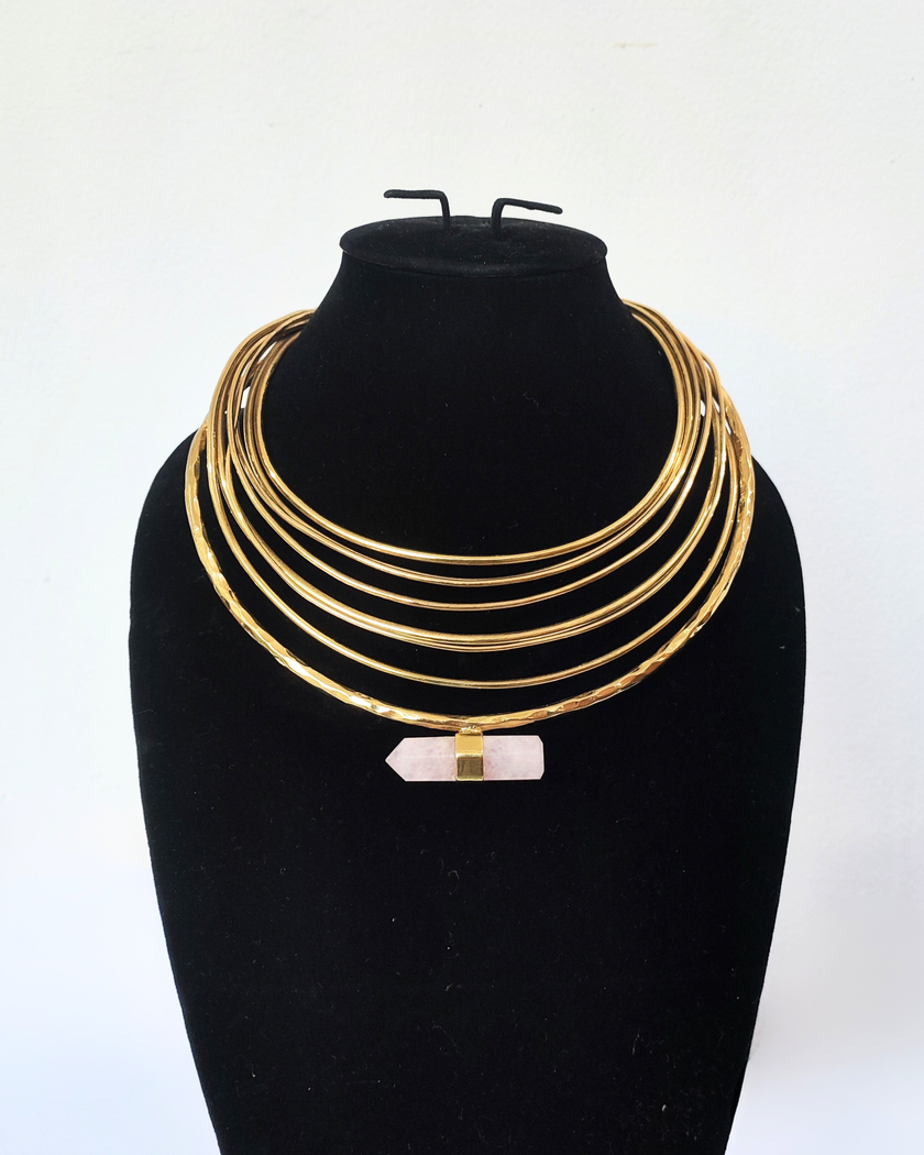 Pointy Rose Quartz With Multy Layer Gold Brass Choker Necklace