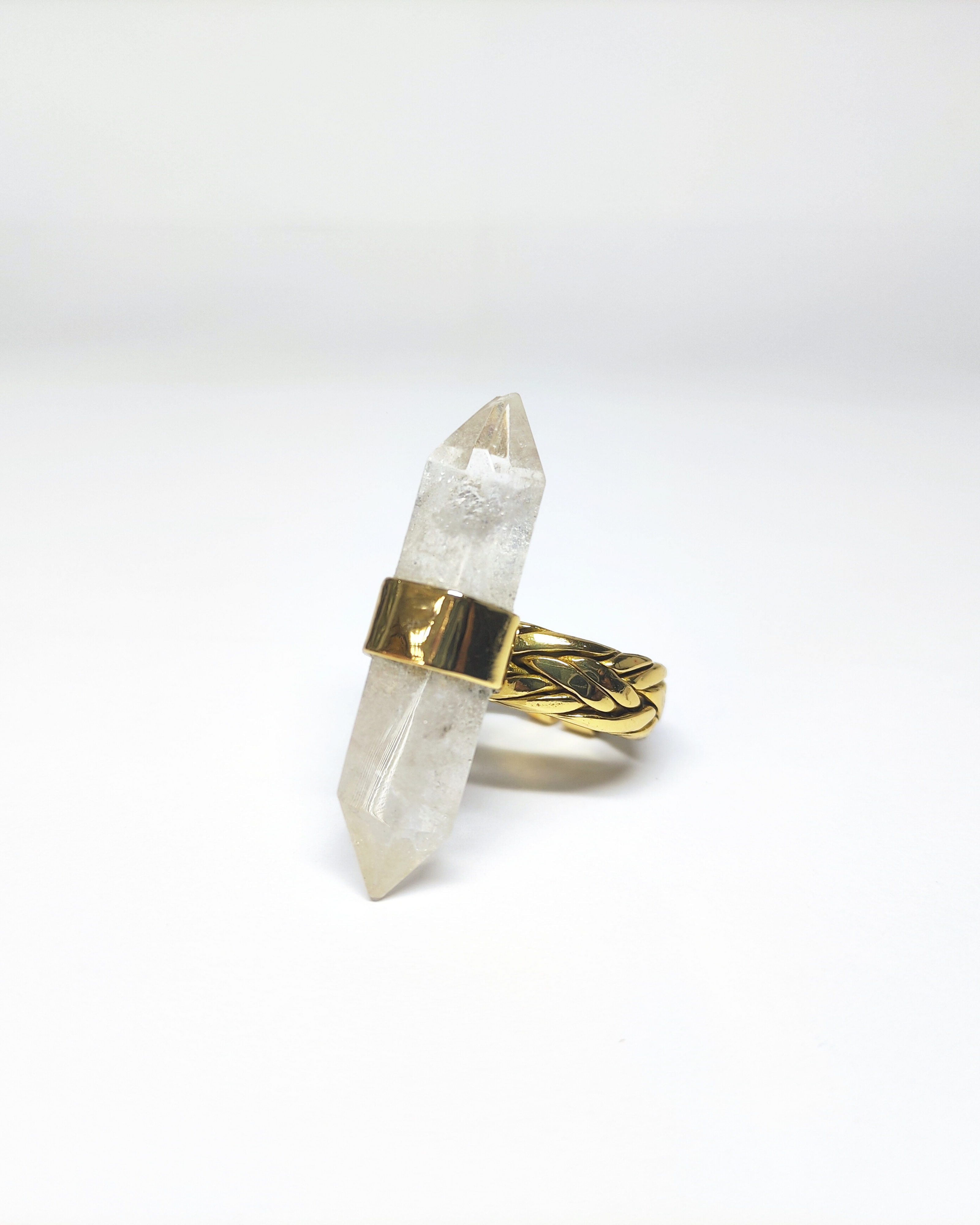 Pointy Clear Quartz Woven Brass Ring