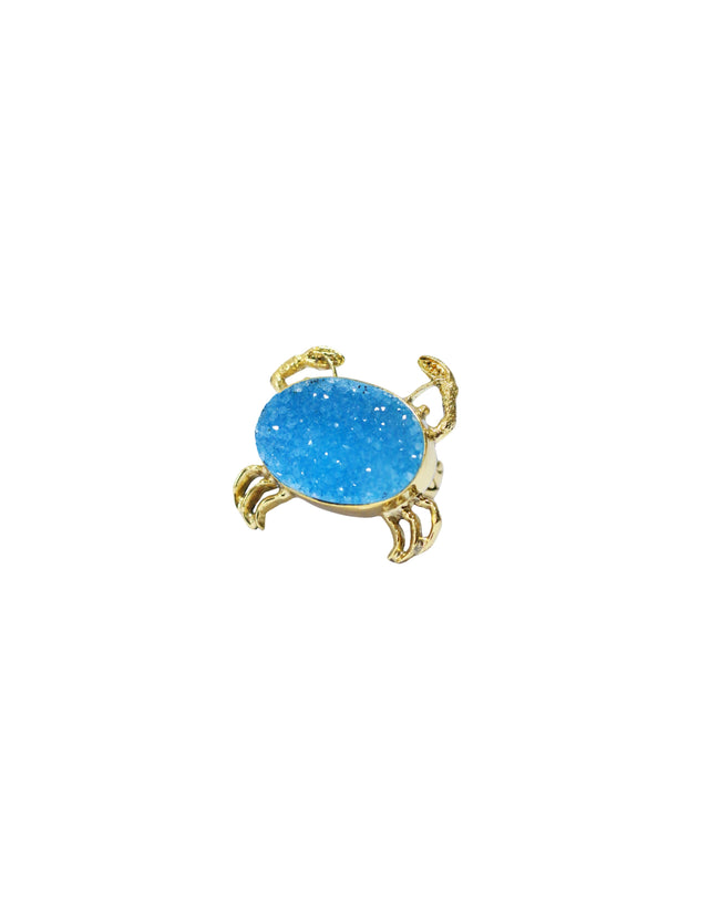 Sparkling Blue Druzy Quartz Crab Gold Brass Ring