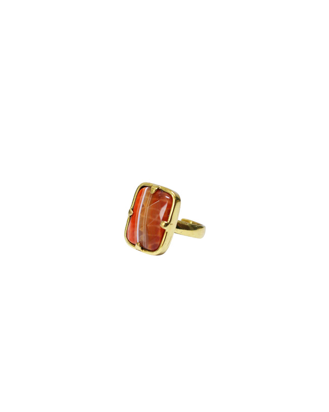 Brown Fire Agate Simple Gold Brass Ring