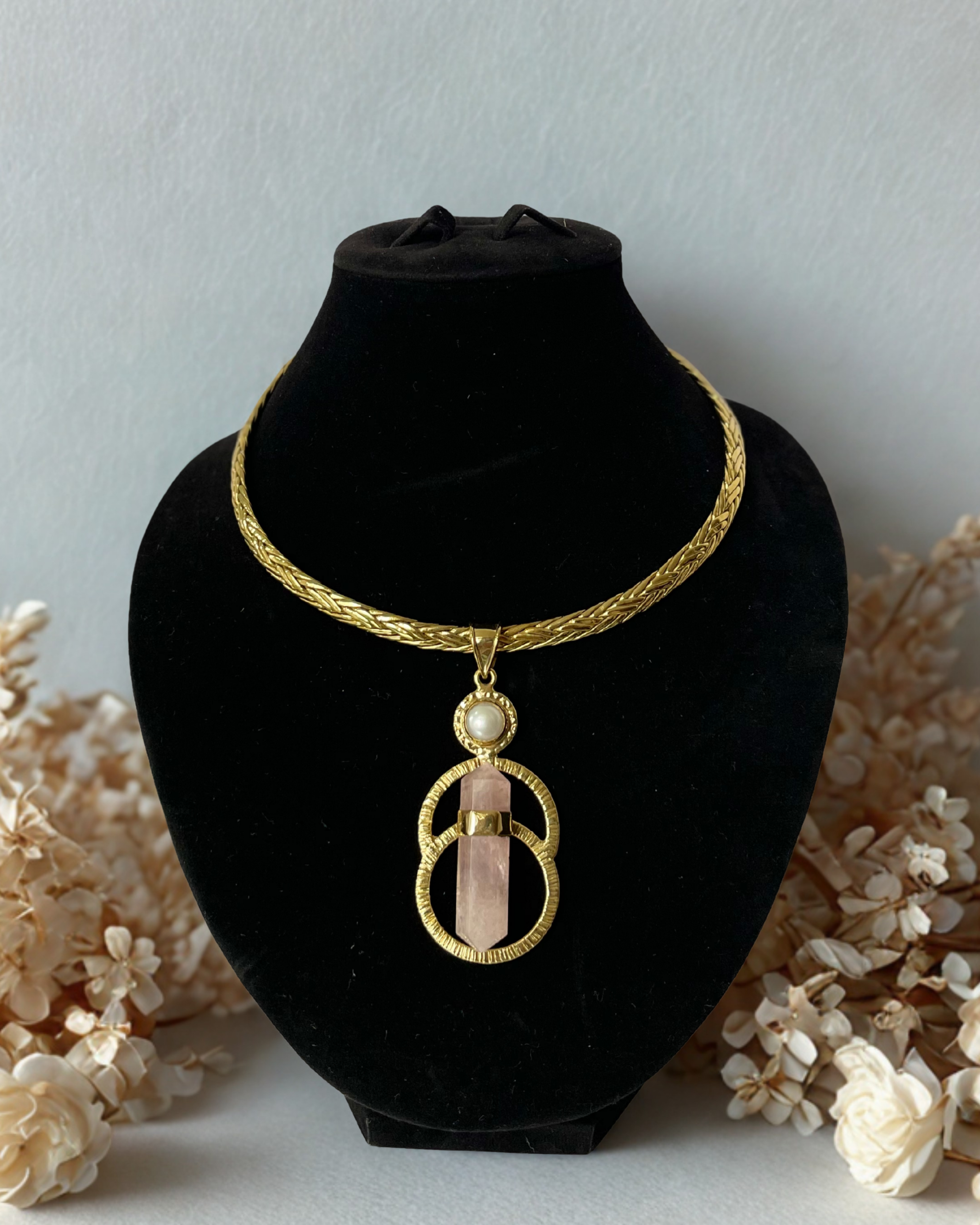 Infinity Fresh Water Pearl & Pointy Rose Quartz Gold Brass Pendant