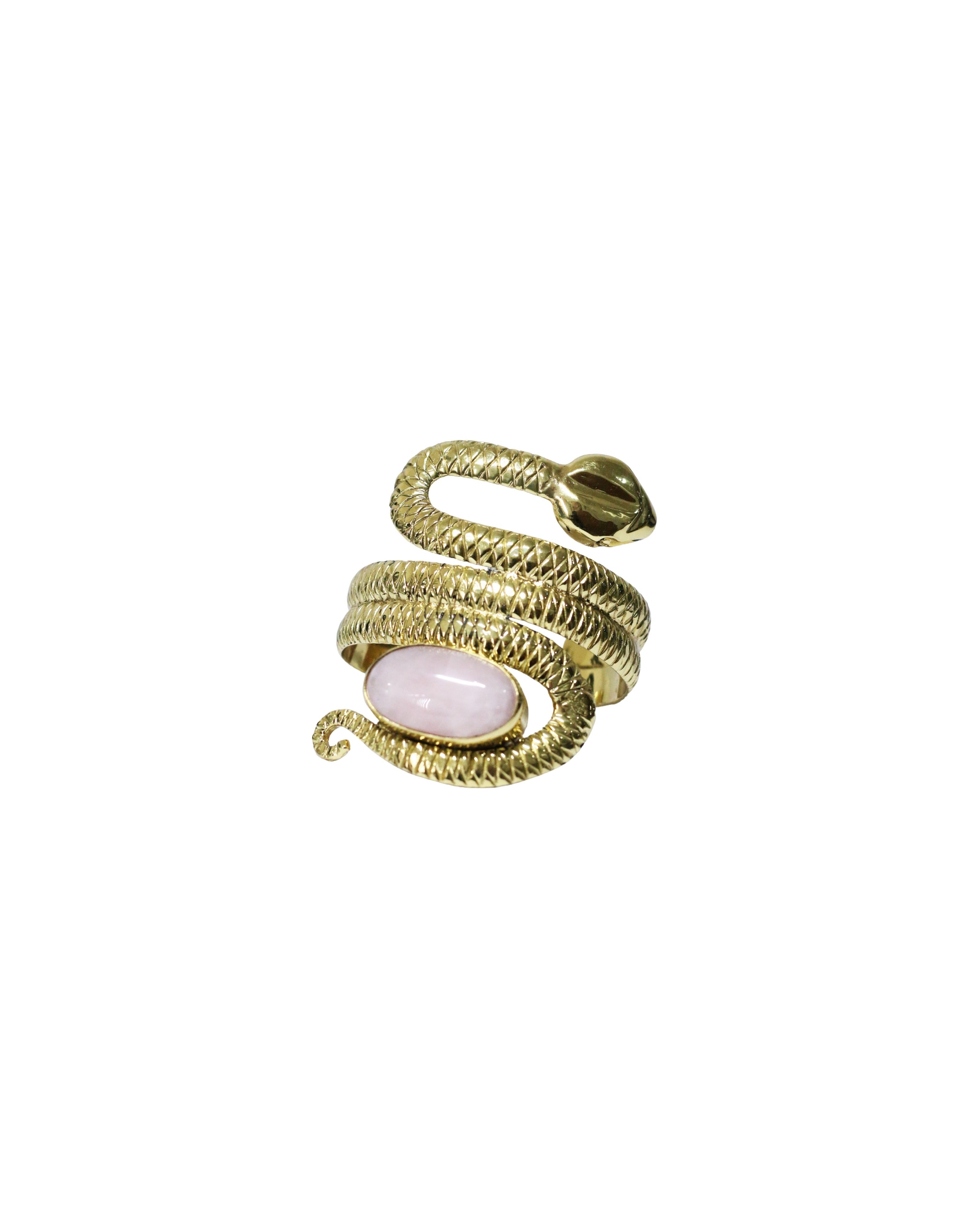 Rose Quartz Snake Hammered Gold Brass Bangle