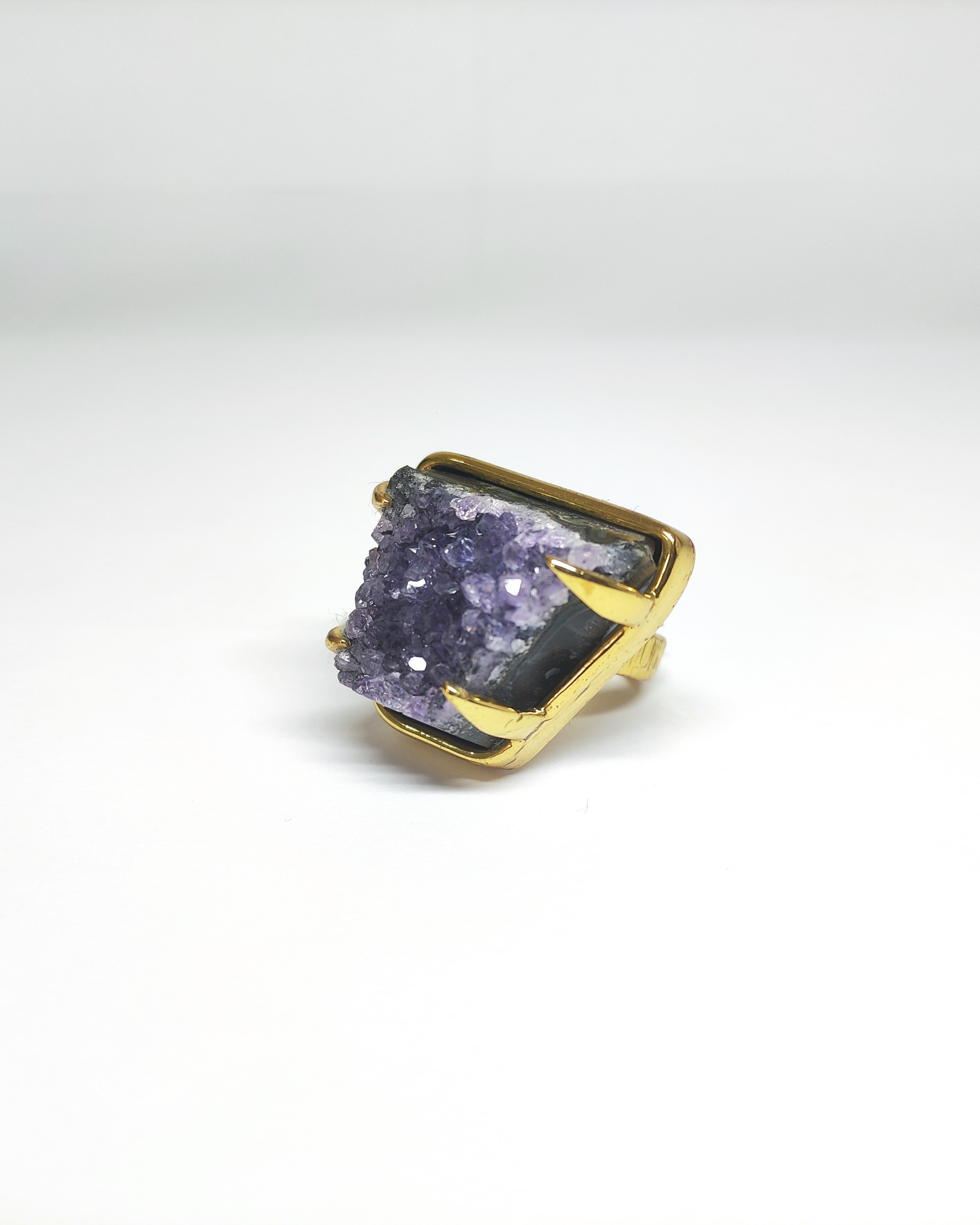 Amethyst Cluster Hammered Gold Brass Ring