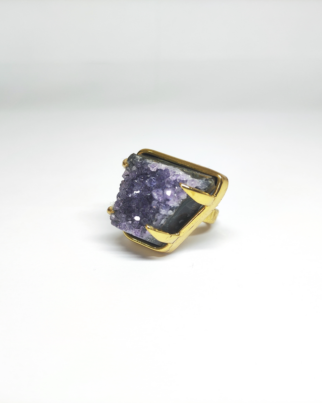 Amethyst Cluster Hammered Gold Brass Ring