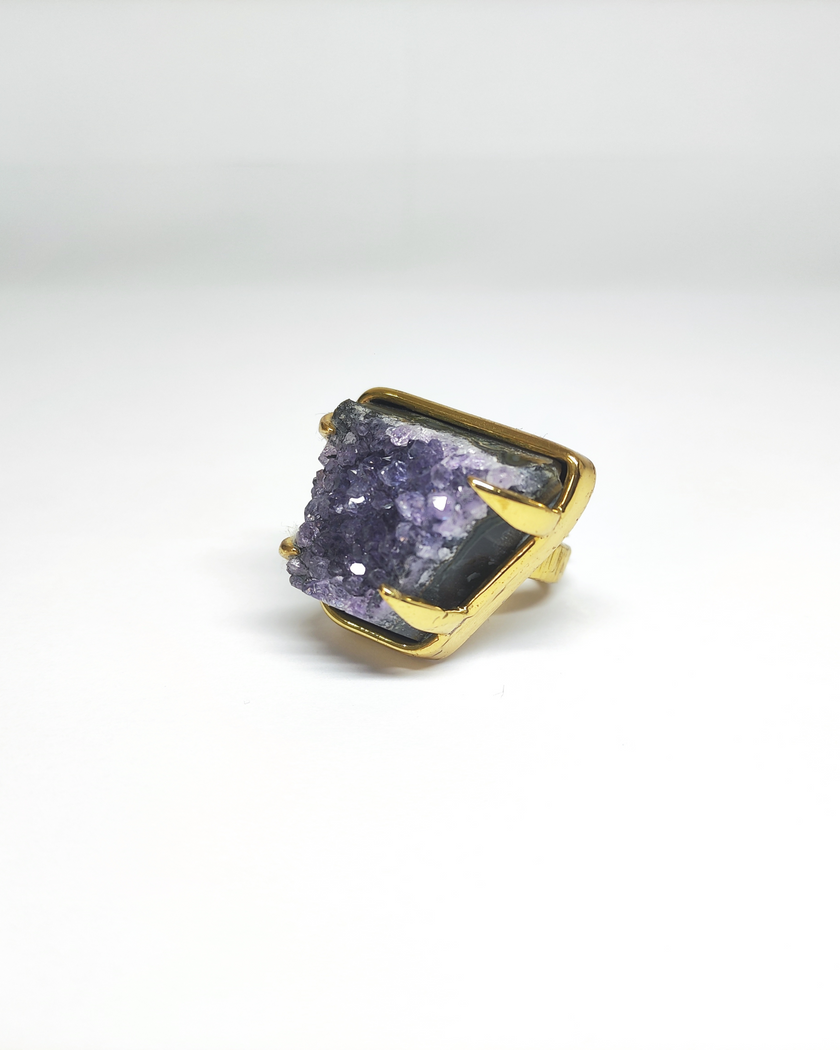 Amethyst Cluster Hammered Gold Brass Ring