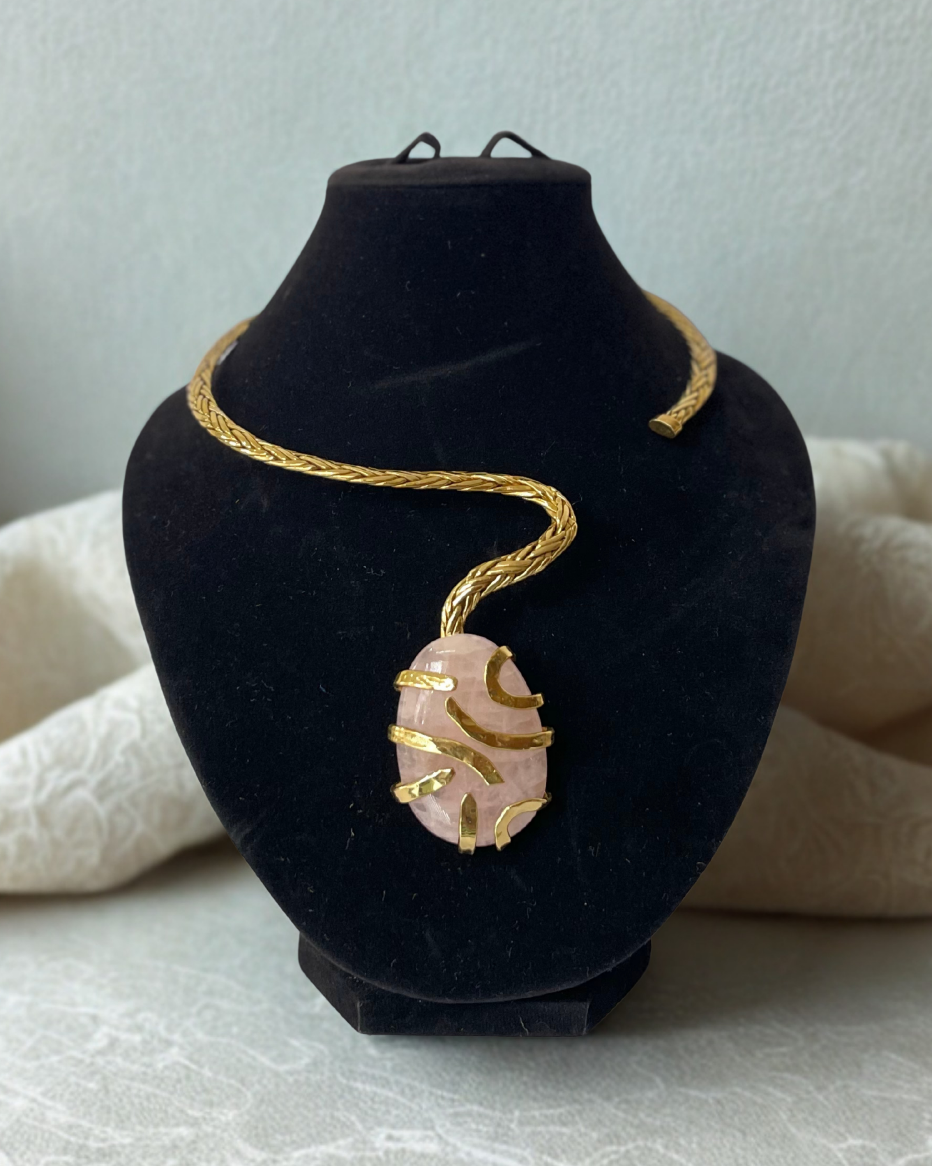 Rose Quartz With Gold Brass Woven Choker