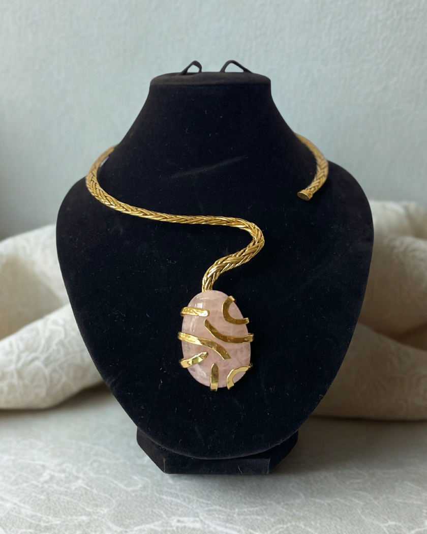Rose Quartz With Gold Brass Woven Choker
