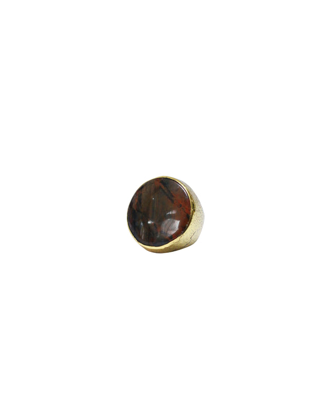 Petrified Wood Red Jasper Cabochon With Gold Brass Ring