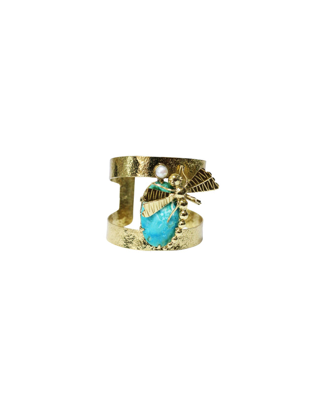 Green Ocean Jasper & Fresh Water Pearl Hammered Gold Brass Bangle