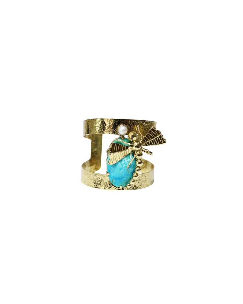 Green Ocean Jasper & Fresh Water Pearl Hammered Gold Brass Bangle
