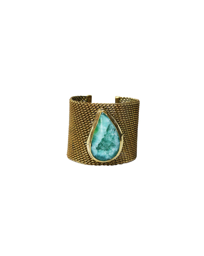 Green Agate Druzy Classic Woven Gold Brass Bangle